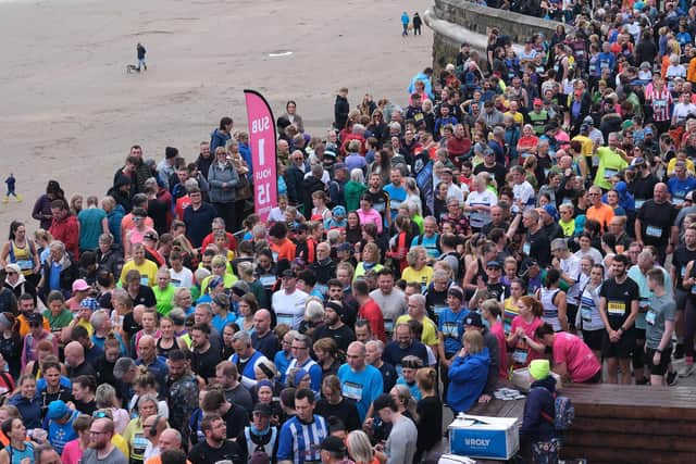 The McCain Yorkshire Coast 10K runners get ready before the start at The Spa on Sunday morning. Photo by Richard Ponter