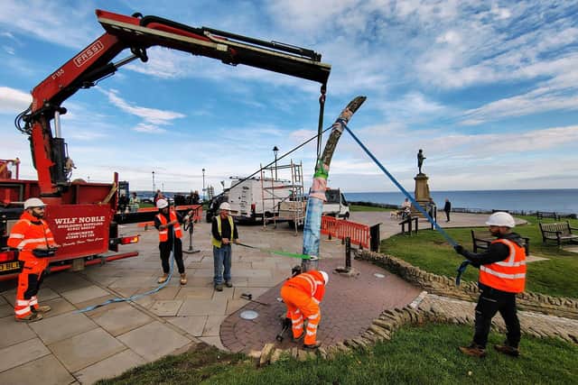 Removal of the whale jaw bones from Whitby West Cliff.