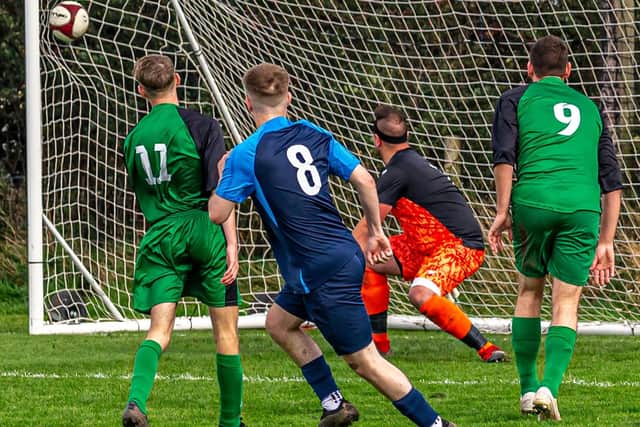 Kieran Wade was on target as Whitby Fishermen’s Society Academy boosted their Beckett League Division 2 title hopes with a 4-1 win at Ryedale. PHOTOS BY BRIAN MURFIELD