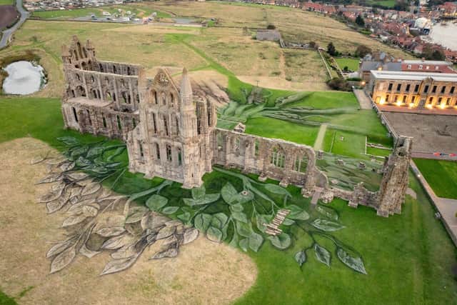 Aerial views of a 5,400 square metre land-art installation created by MTArt artist David Popa as it is unveiled at Whitby Abbey, paying homage to seven Heritage ‘Game Changers’ from across the UK.