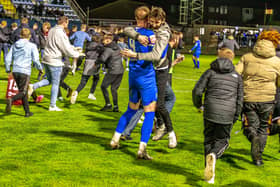 Jubilation for Whitby Town players and supporters after the club beat Chelmsford to book their place in the FA Cup first round.
picture: Brian Murfield