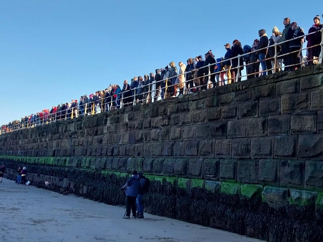 A large crowd on Whitby West Pier to watch the dip.