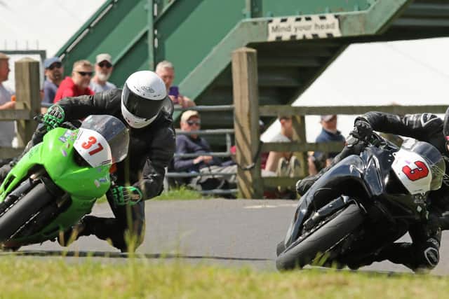 Adrian Hodson (no 37) and Joey Lambden (no 3) in action at Oliver's Mount during the Barry Sheene Festival. Photo by Neal Owen