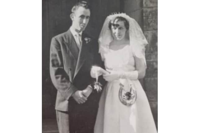 Anne and Keith Markham on their wedding day at St Columbus Church, Dean Road, Scarborough – April 1959