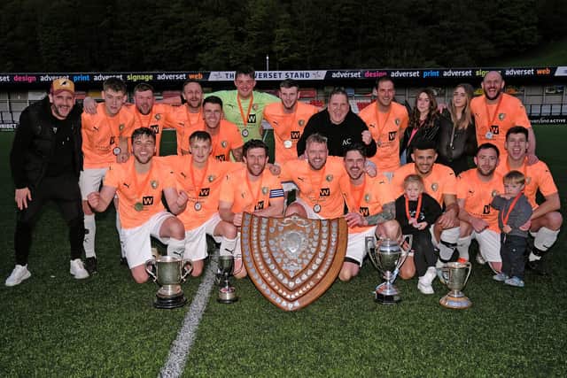 Edgehill display their five trophies after winning the District FA Cup final 3-0 against Whitby Fishermen. PHOTOS BY RICHARD PONTER