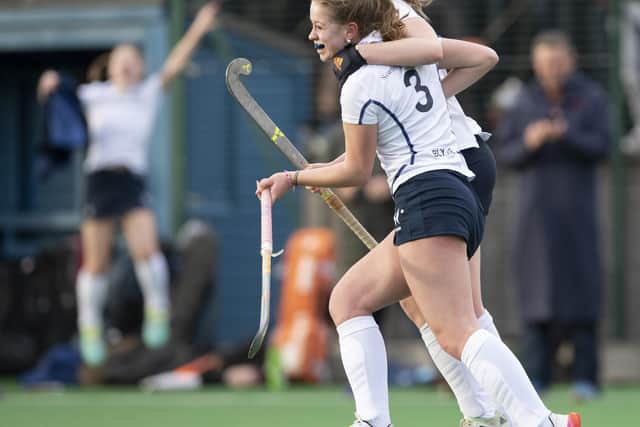 Scarborough College Girls Under-18s players celebrate a goal in their National semi-final win