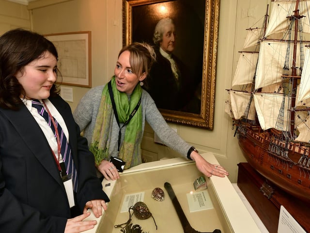Eskdale School pupil with Caedmon Teacher Andrea Jenkins, in one of the exhibition rooms.
picture: Richard Ponter.