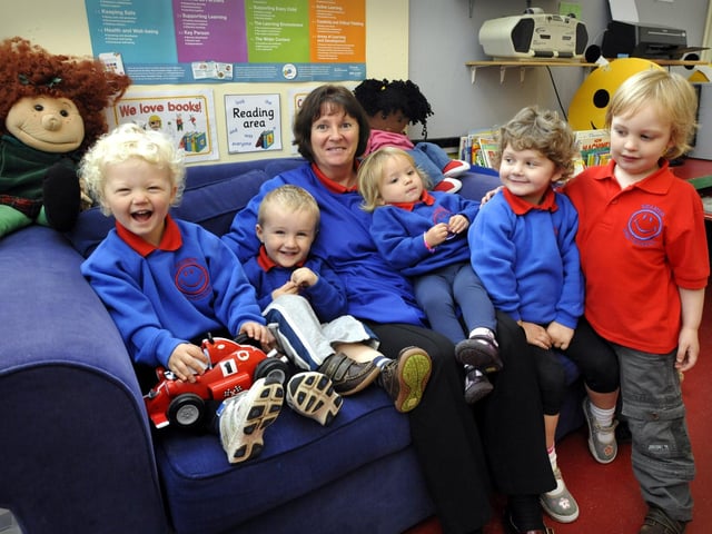 New starters at Seamer Pre-School Playgroup, Joseph Miller(L), Henry Clarke, Ava Thornton, Jessica Sansom, and Harrison Banyard, with new member of staff, Nancy Worthington