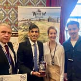 Whitby Distillery co-founders Jess Slater and Luke Pentith with Scarborough and Whitby MP Sir Robert Goodwill and Prime Minister Rishi Sunak.