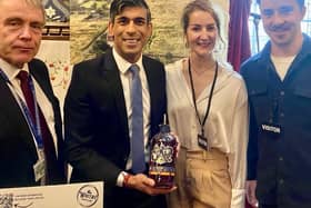 Whitby Distillery co-founders Jess Slater and Luke Pentith with Scarborough and Whitby MP Sir Robert Goodwill and Prime Minister Rishi Sunak.