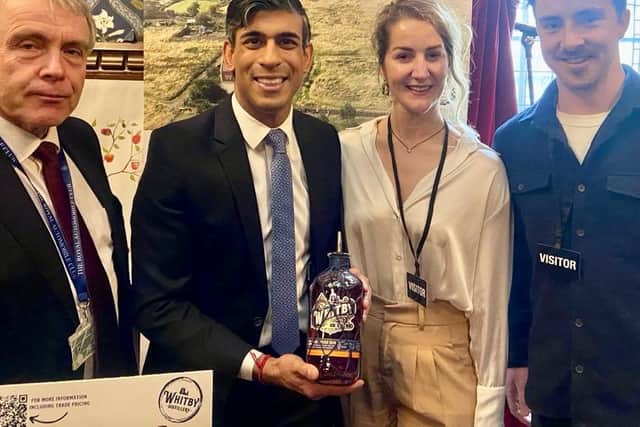 Whitby Distillery co-founders Jess Slater and Luke Pentith with Scarborough and Whitby MP Sir Robert Goodwill and Prime Minister Rishi Sunak.