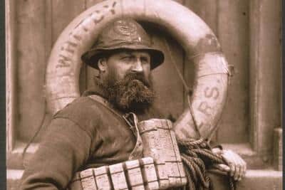 Portrait of Henry Freeman in cork lifejacket, a lifeboatman for over 40 years and sole survivor of the Whitby lifeboat disaster of 1861 when the twelve other members of the crew were drowned close to Whitby West Pier. Beard. Photo taken in 1880. Image:RNLI