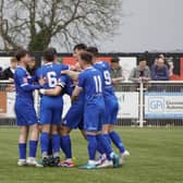 Whitby Town celebrate a goal in the 4-3 loss at Mickleover.