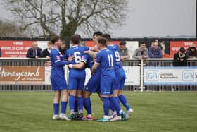 Whitby Town celebrate a goal in the 4-3 loss at Mickleover.