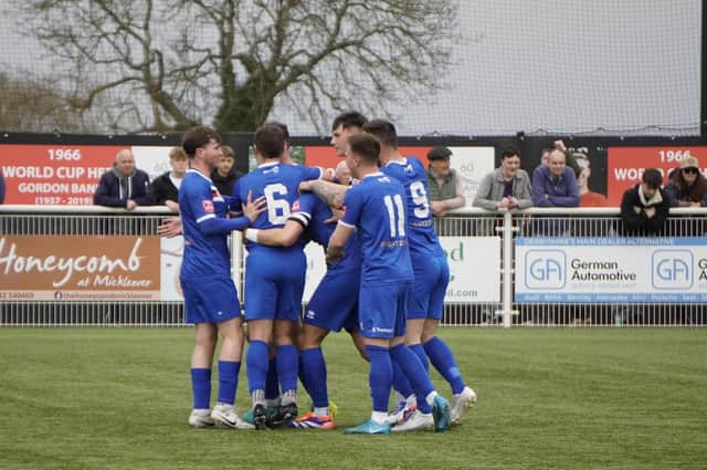 Whitby Town celebrate a goal in the 4-3 loss at Mickleover.