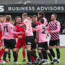 Tempers flare between the Boro and Curzon Ashton players during the game on Good Friday, which Ashton won 1-0. PHOTOS BY VIKING PHOTOGRAPHY YORK