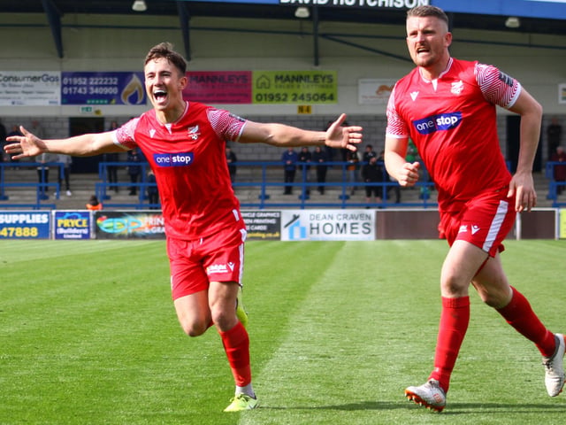 Lewis Maloney, left, and Ryan Qualter celebrate Dom Tear putting Boro ahead at Telford.