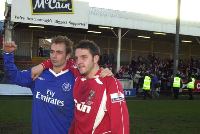 Scott Kerr, right, pictured with Scarborough FC teammate Ashley Lyth at the McCain Stadium after the FA Cup 1-0 loss v Chelsea in 2004, has been named as the new Brid Town Head Coach. Photo: Kevin Allen