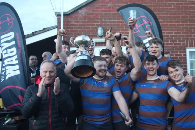Barnard Castle old boys, Martins Minions, celebrate winning the 2024 Warrendale Wagyu Pock 7s tournament. PHOTOS BY PHIL GILBANK