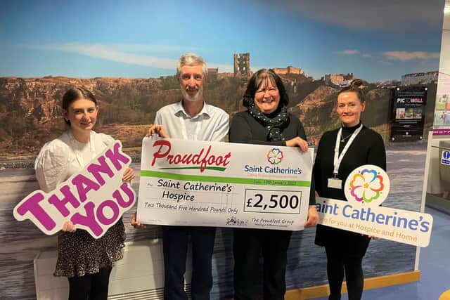 pictured left to right: Ellie Fry (fundraiser), Richard Barwick (fundraising operations team leader), Valerie Aston (director, Proudfoot) and Susan Stephenson (communications and marketing manager, Saint Catherine’s).