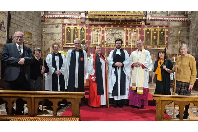 Left to right: David Wain (Churchwarden of St Martin), Margaret Newlove (Churchwarden of St Saviour), The Rev. Samantha Taylor (Scarborough Area Dean), The Ven. Andy Broom (Archdeacon of the East Riding), The Rt. Rev. Eleanor Sanderson (Bishop of Hull), The Rev. James A. Kenny (Priest-in-Charge), The Rt Rev. Stephen Race (Bishop of Beverley), Cathy Cook (Churchwarden of St Martin) and Ann Smith (Churchwarden of St Saviour)