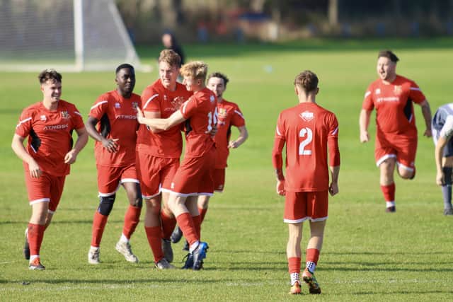 Bridlington Town Reserves (red kit) won 6-3 in their derby match at Brid Rovers Millau. Photo by TCF Phjotography