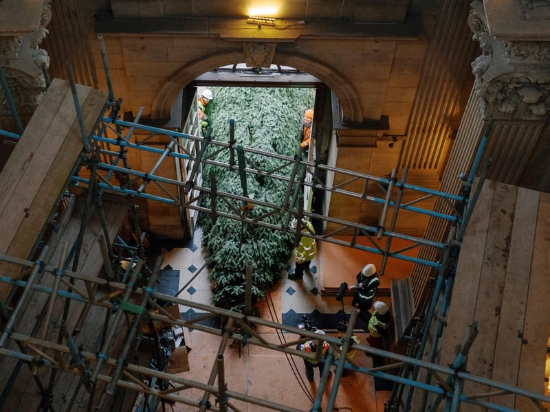 The Christmas tree is lifted through the front door. photo by Tom Arber