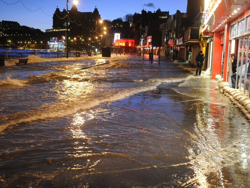 Flooding on Scarborough South Bay caused by a tidal surge and a spring tide combining.