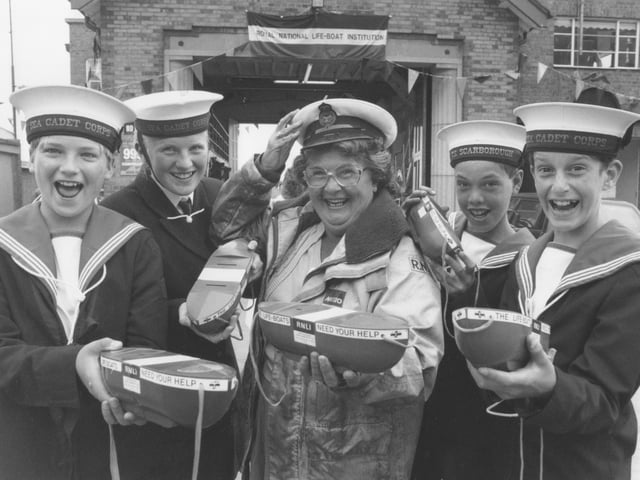Collecting for the RNLI Flag Day at the Lifeboat House, back in July 1994, were Joan Rayner, centre, with Sea Cadets, from left, Matthew Whorley, Shelley Jarvis, Michael Roach, and Nicholas Grindley.