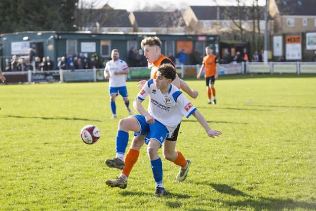 Football - Brighouse Town v Bridlington Town. Jack Crook for Brighouse and Tom Algar for Bridlington.