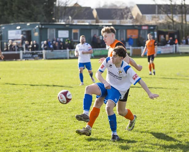 Football - Brighouse Town v Bridlington Town. Jack Crook for Brighouse and Tom Algar for Bridlington.