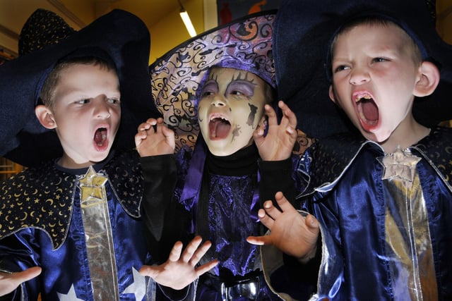 Witches and Wizards day at Gladstone Road Infants School as the kids dress up for book week, from left: Callum Thornton, Khansa Proctor and Charlie Kershaw get scary!!
104155b