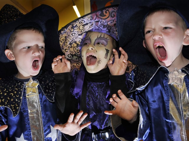 Witches and Wizards day at Gladstone Road Infants School as the kids dress up for book week, from left: Callum Thornton, Khansa Proctor and Charlie Kershaw get scary!!
104155b