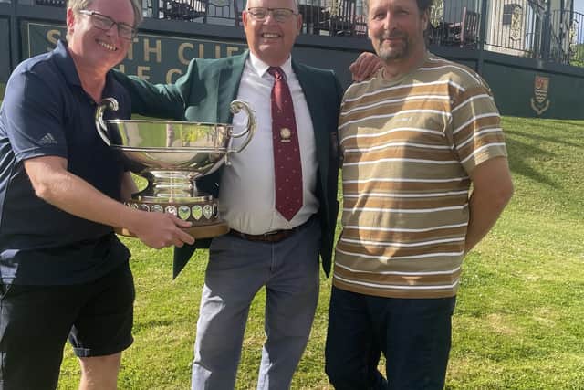 SCGC Captain Neil Thompson presents Matthew Steel and Rob Gretton with their prizes
