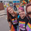 Scarborough Pride committee members Sarah Jarrett, Linzie Ross and Sarah Fenwick at Leeds Pride