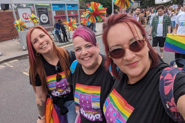 Scarborough Pride committee members Sarah Jarrett, Linzie Ross and Sarah Fenwick at Leeds Pride