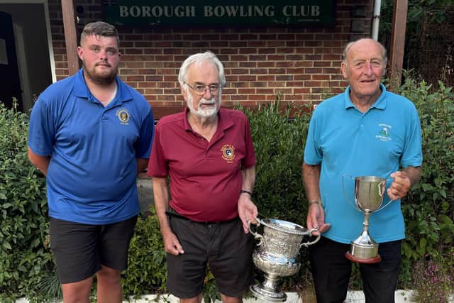 Phil Todd, right, beat Callum Malone, left in a thrilling William Boyes Challenge Cup final. The trophies being presented by David Muir.