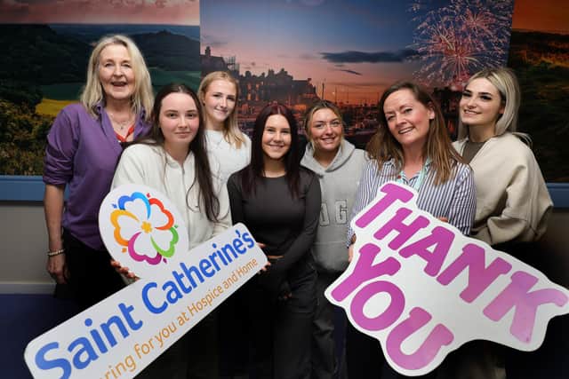 Jacqui Marras with Sophie Nelson, Alisha Thompson, Sapphia MacCullaugh, Miryana Wharton, hospice representative Susan Stephenson and Lola Cammish
