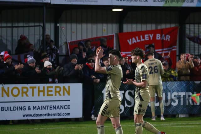 Boro players thank their travelling fans at South Shields. Photo by Jack Boys