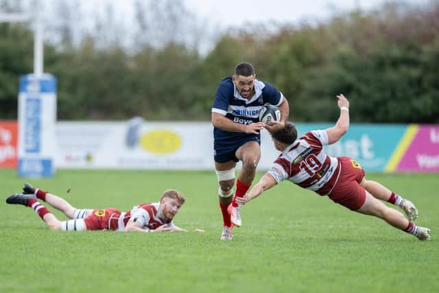 Kahu Craig Te-Ranga dodges a couple of North Ribb tacklers in Saturday's win at Silver Royd. Photo by Andy Standing