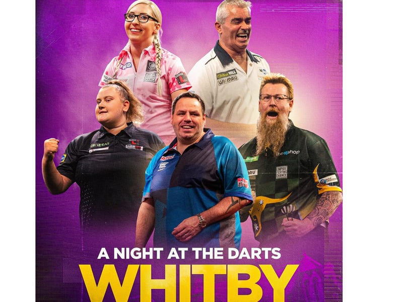 A Night at the Darts will take place at Whitby Pavilion on September 26. Get ready for the ultimate darts showdown as professional players take the stage and battle it out for the top spot. With thrilling matches, lively music, and a lively atmosphere, A Night At The Darts is not to be missed. Featuring Fallon Sherrock, Adrian Lewis, Simon Whitlock, Beau Greaves & Steve Beaton.