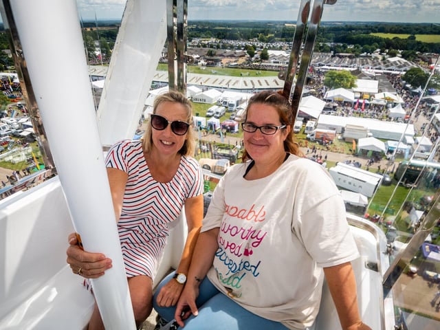 Joanna Dobson and Claire Wiseman enjoying a birds eye view of the showground on the giant wheel at the show