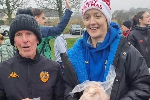 Scarborough AC duo Neil Scruton and Nicola Kidd with their Loftus Poultry Run prizes