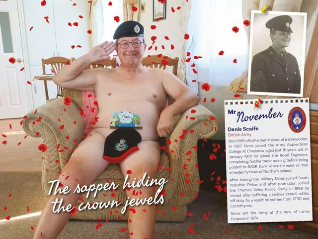 Denis Scaife is shown here 'hiding the crown jewels' as Mr November.