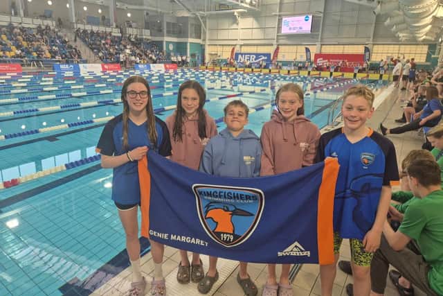 From left, Kingfishers SC swimmers, Sophie Trotter, Genie Martin, Nataniel Lesiak, Orla Wilkinson and George Bisby-Owen at the NE Regional Long Course Championship.
