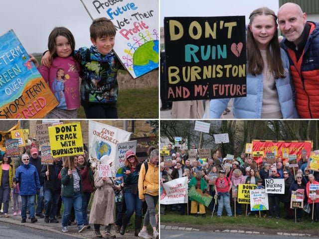 Residents marching in protest at the gas drilling rig plans for Burniston.
