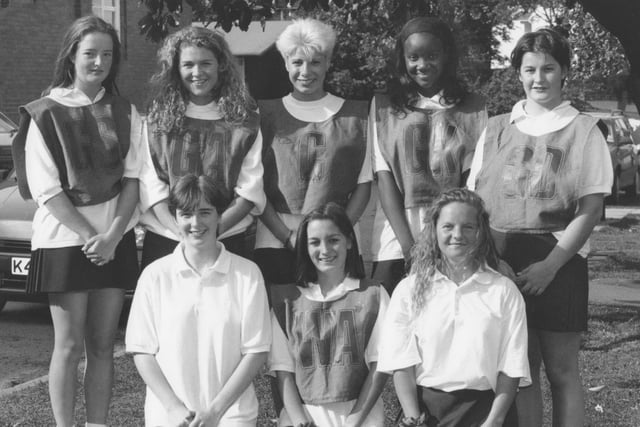 Scarborough Sixth Form College's 1st VII netball team, who won the Scarborough and District Area Netball Tournament in September, 1995. Back from left, Ruth Weatherill, Amanda Kennedy, Hannah Gray, Margaret Kakaire, Kelly Dullaghan. Front Clare Timmins, Lindsey Ridsdale (Cpt), Caroline Hartley. 