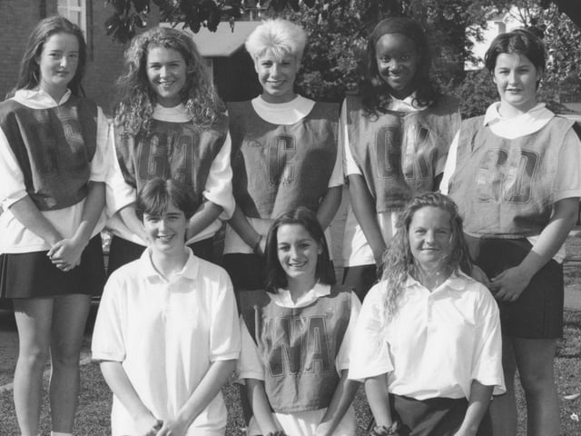 Scarborough Sixth Form College's 1st VII netball team, who won the Scarborough and District Area Netball Tournament in September, 1995. Back from left, Ruth Weatherill, Amanda Kennedy, Hannah Gray, Margaret Kakaire, Kelly Dullaghan. Front Clare Timmins, Lindsey Ridsdale (Cpt), Caroline Hartley. 