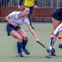 Anya Legg gets stuck in for Whitby Hockey Club Ladies in their loss to Newcastle 3rds. PHOTOS: BRIAN MURFIELD