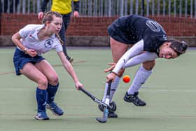 Anya Legg gets stuck in for Whitby Hockey Club Ladies in their loss to Newcastle 3rds. PHOTOS: BRIAN MURFIELD